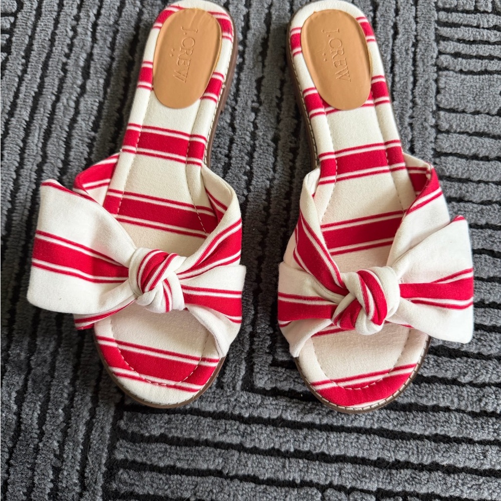J. Crew Red and White Striped Knot Slide Sandals 8.5